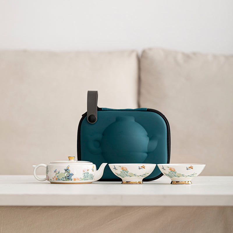 This is a ceramic teapot set