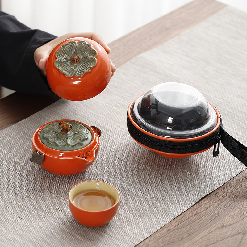 Handmade Original Teapot Simulated Persimmon Teapot Ceramic One Pot Two Cups Portable Storage Travel Tea Set Small Set