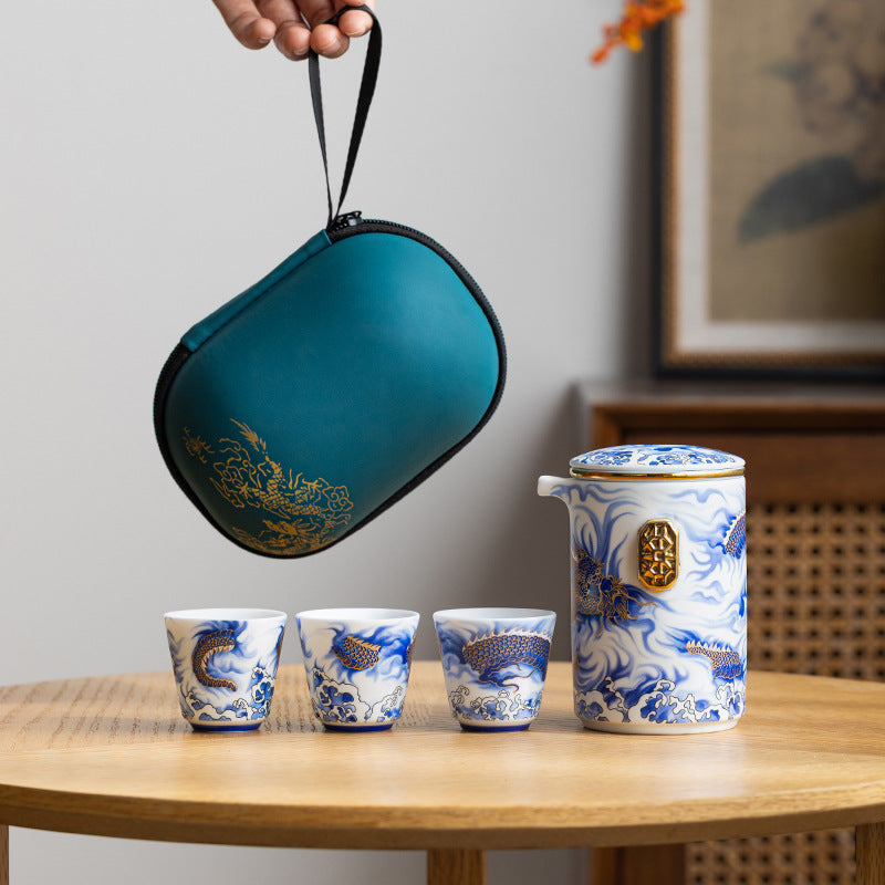 Handmade Original Blue Teapot Chinese Dragon Teaset Ceramic One Pot Three Cups Portable Storage Travel Tea Set Small Set