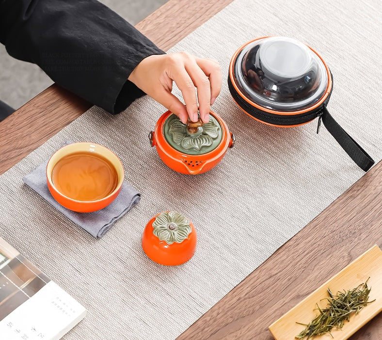 Handmade Original Teapot Simulated Persimmon Teapot Ceramic One Pot Two Cups Portable Storage Travel Tea Set Small Set