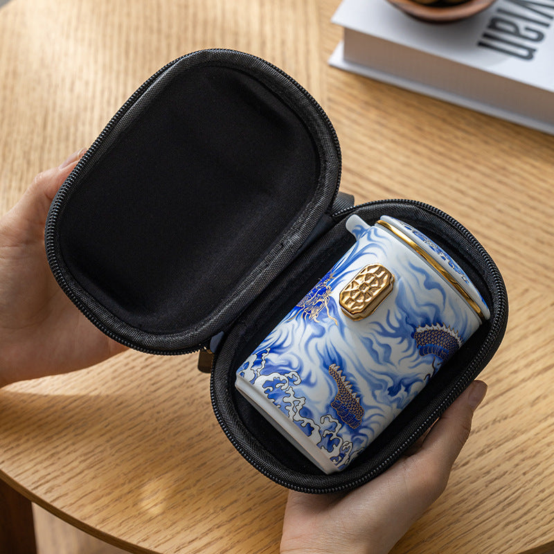 Handmade Original Blue Teapot Chinese Dragon Teaset Ceramic One Pot Three Cups Portable Storage Travel Tea Set Small Set