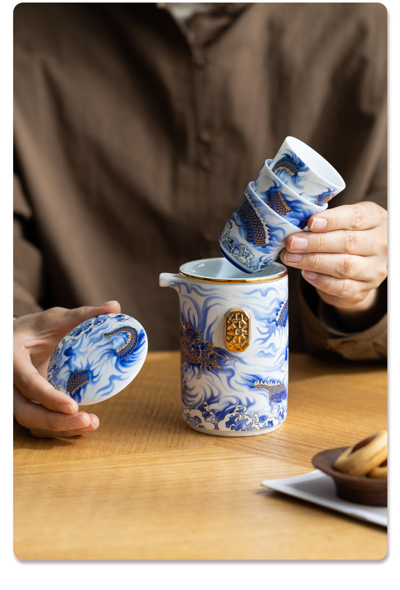 Handmade Original Blue Teapot Chinese Dragon Teaset Ceramic One Pot Three Cups Portable Storage Travel Tea Set Small Set