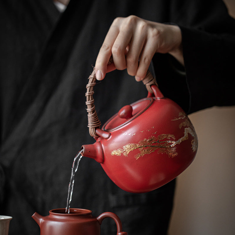 Chinese Handpainted Classical Red Soda Glaze Side Handle Pottery Pot Kettle Pottery Open Fire Charcoal Burning Alcohol Stove Base Charcoal Stove