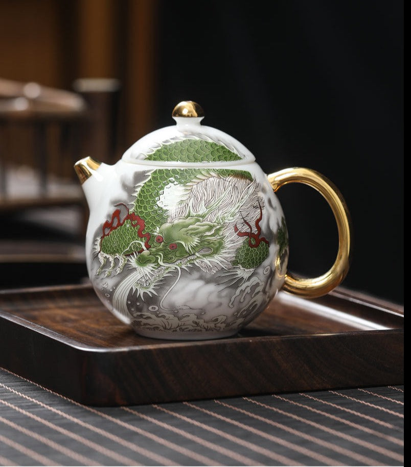 Chinese White Mutton Fat Jade Porcelain Teapot Handmade Green Dragon Teapot Master Pottery Ceramic Kung Fu Tea Ceremony Thin Tire Teapot