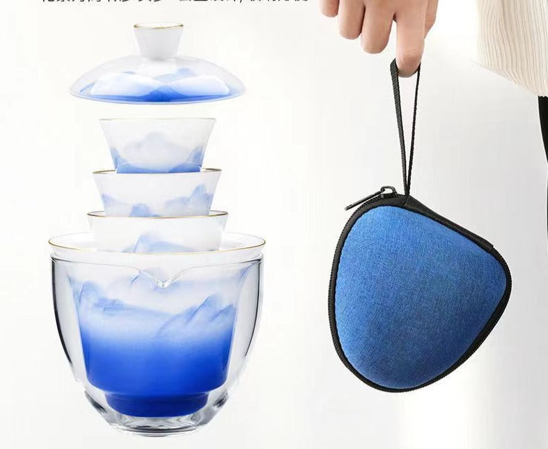 This is a ceramic gaiwan teapot travel set