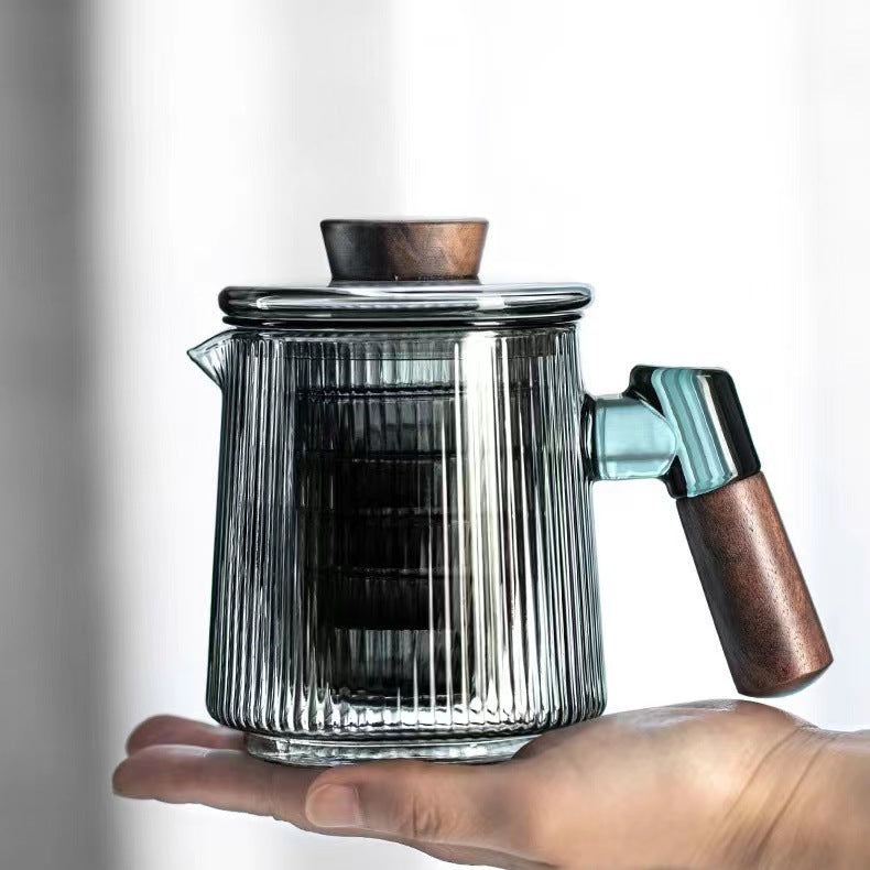 This is a glass teapot travel set