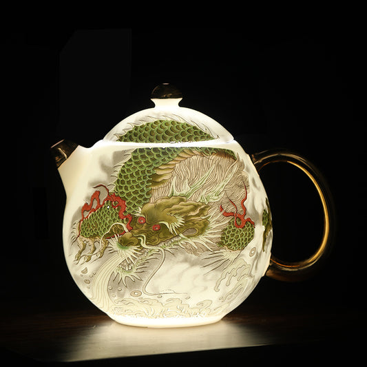 Chinese White Mutton Fat Jade Porcelain Teapot Handmade Green Dragon Teapot Master Pottery Ceramic Kung Fu Tea Ceremony Thin Tire Teapot