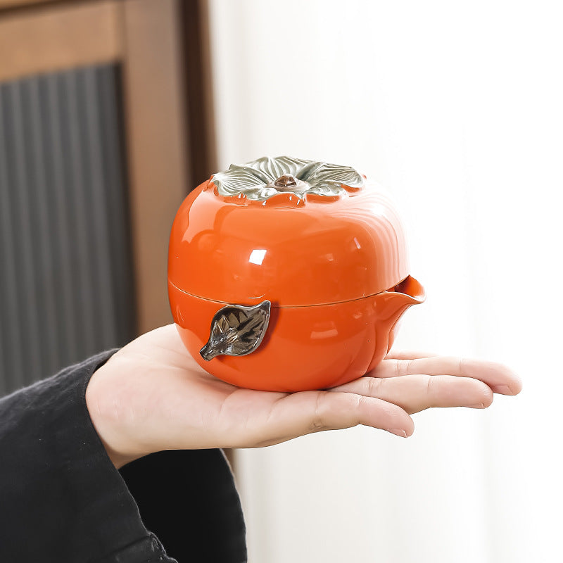 Handmade Original Teapot Simulated Persimmon Teapot Ceramic One Pot Two Cups Portable Storage Travel Tea Set Small Set