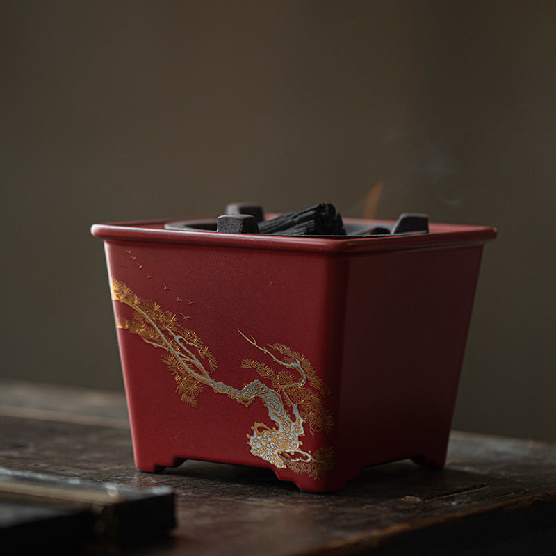 Chinese Handpainted Classical Red Soda Glaze Side Handle Pottery Pot Kettle Pottery Open Fire Charcoal Burning Alcohol Stove Base Charcoal Stove