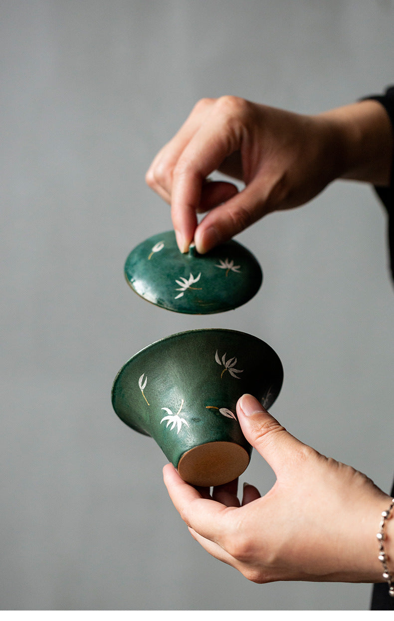 Chinese Original Green Gaiwan Teapot Handpainted Orchid Teapot Chinese Master Pottery Ceramic Japanese Ceramic
