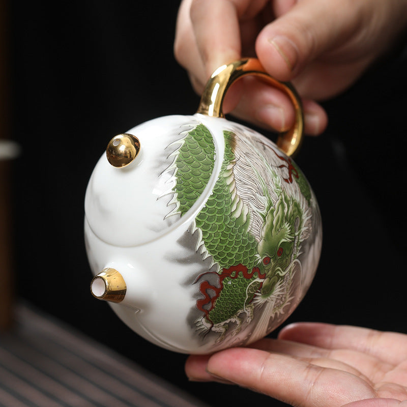 Chinese White Mutton Fat Jade Porcelain Teapot Handmade Green Dragon Teapot Master Pottery Ceramic Kung Fu Tea Ceremony Thin Tire Teapot