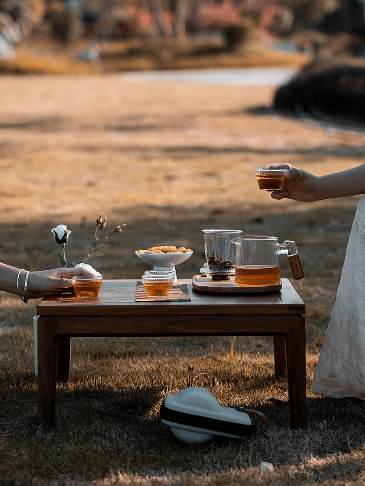 This is a glass teapot travel set
