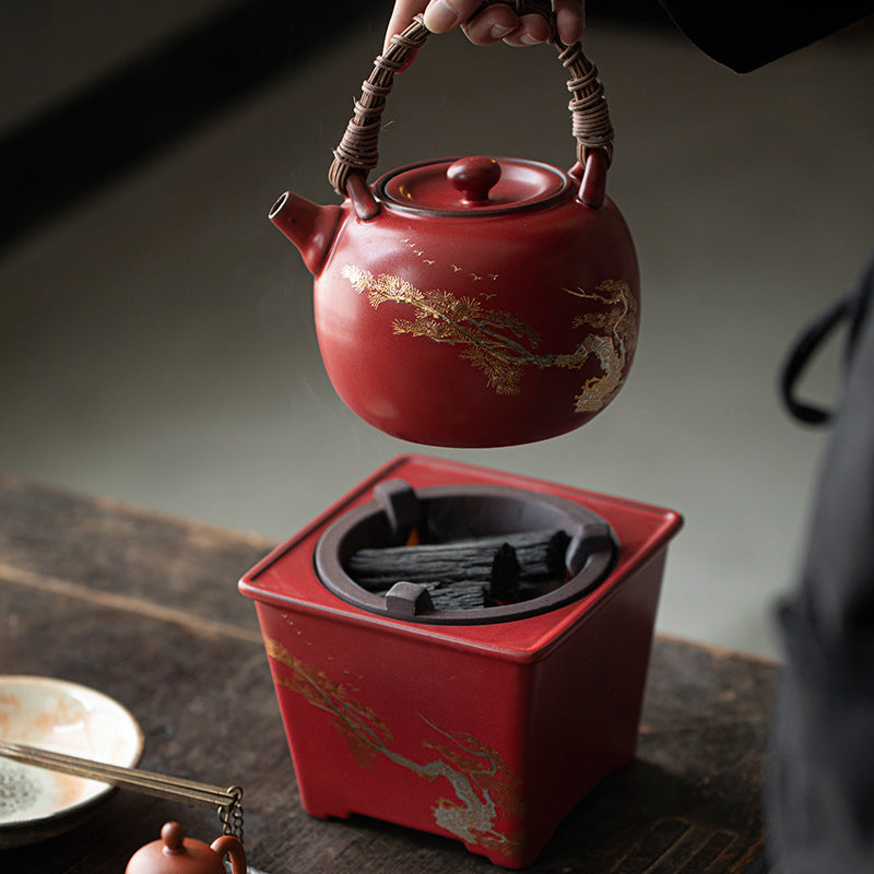 Chinese Handpainted Classical Red Soda Glaze Side Handle Pottery Pot Kettle Pottery Open Fire Charcoal Burning Alcohol Stove Base Charcoal Stove