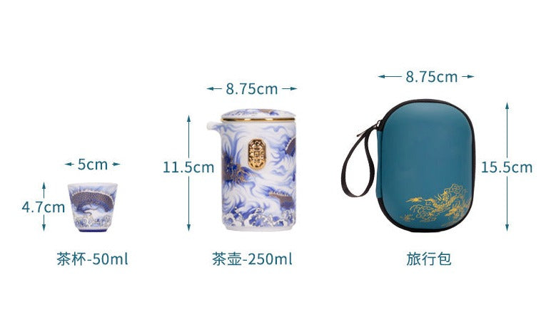 Handmade Original Blue Teapot Chinese Dragon Teaset Ceramic One Pot Three Cups Portable Storage Travel Tea Set Small Set