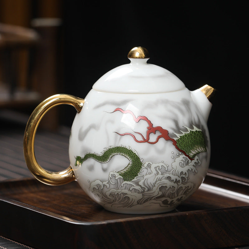 Chinese White Mutton Fat Jade Porcelain Teapot Handmade Green Dragon Teapot Master Pottery Ceramic Kung Fu Tea Ceremony Thin Tire Teapot