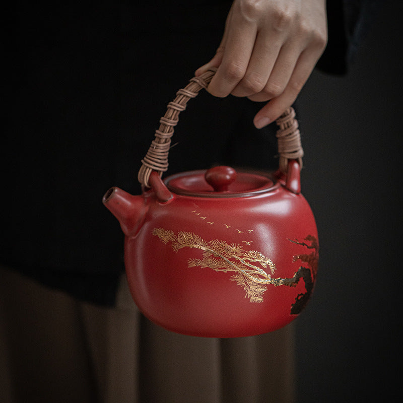 Chinese Handpainted Classical Red Soda Glaze Side Handle Pottery Pot Kettle Pottery Open Fire Charcoal Burning Alcohol Stove Base Charcoal Stove