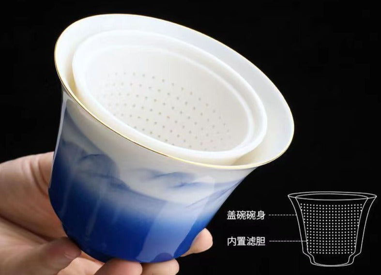 This is a ceramic gaiwan teapot travel set