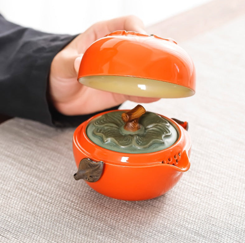 Handmade Original Teapot Simulated Persimmon Teapot Ceramic One Pot Two Cups Portable Storage Travel Tea Set Small Set