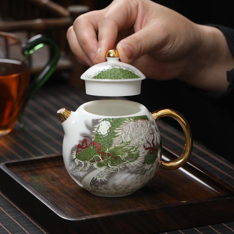 Chinese White Mutton Fat Jade Porcelain Teapot Handmade Green Dragon Teapot Master Pottery Ceramic Kung Fu Tea Ceremony Thin Tire Teapot