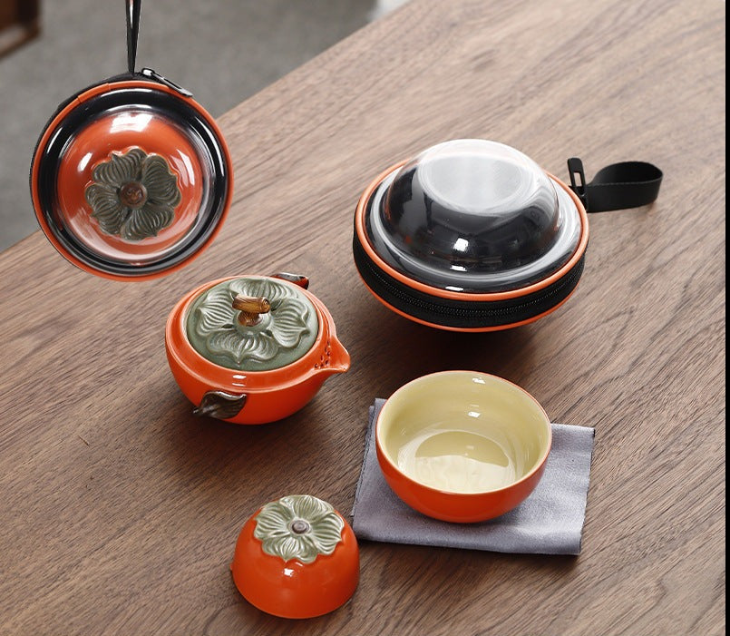 Handmade Original Teapot Simulated Persimmon Teapot Ceramic One Pot Two Cups Portable Storage Travel Tea Set Small Set