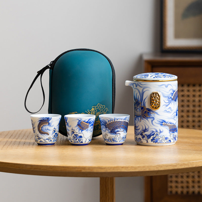 Handmade Original Blue Teapot Chinese Dragon Teaset Ceramic One Pot Three Cups Portable Storage Travel Tea Set Small Set