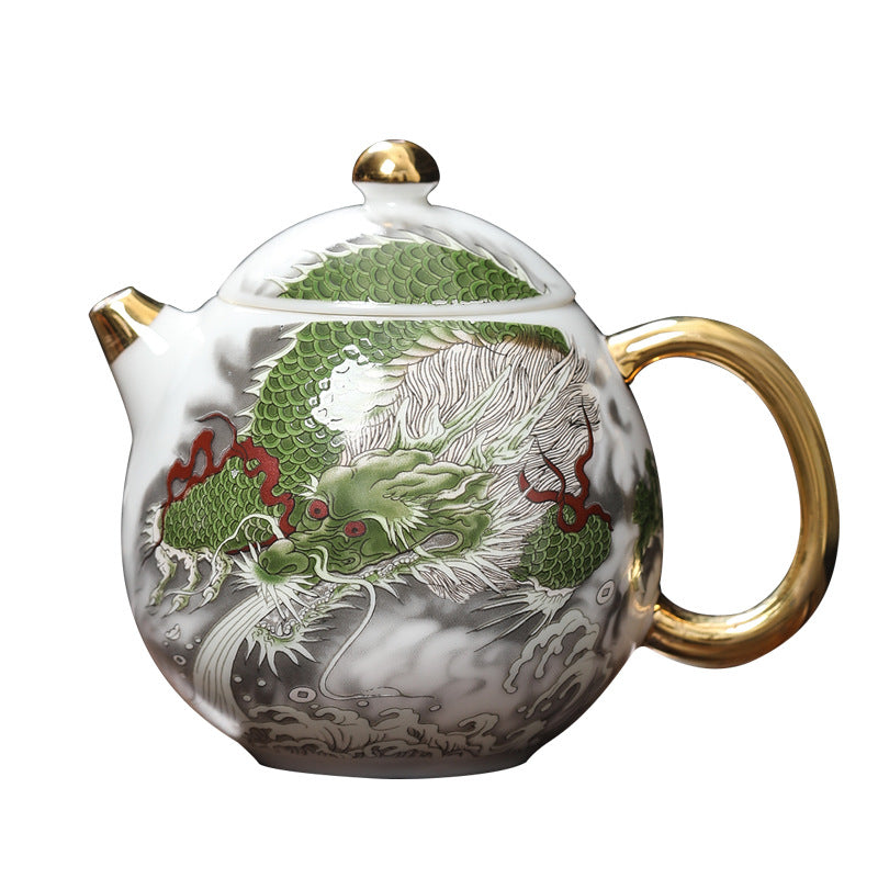 Chinese White Mutton Fat Jade Porcelain Teapot Handmade Green Dragon Teapot Master Pottery Ceramic Kung Fu Tea Ceremony Thin Tire Teapot