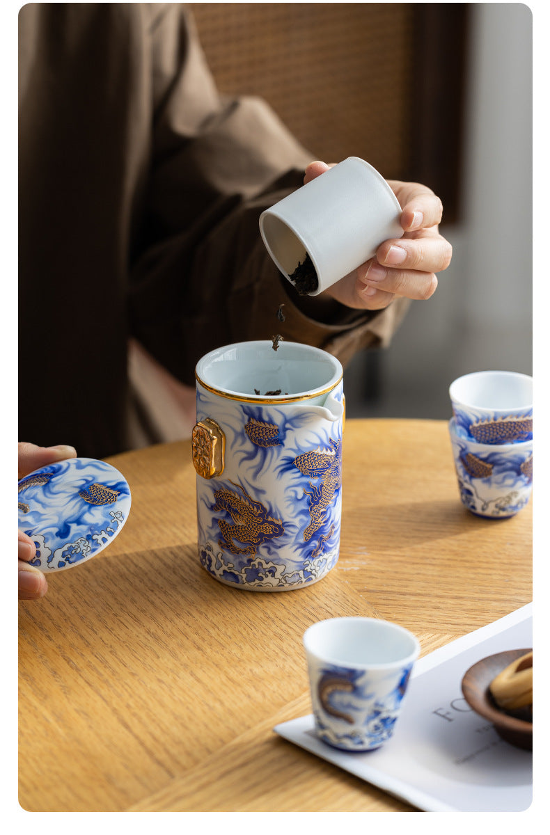 Handmade Original Blue Teapot Chinese Dragon Teaset Ceramic One Pot Three Cups Portable Storage Travel Tea Set Small Set