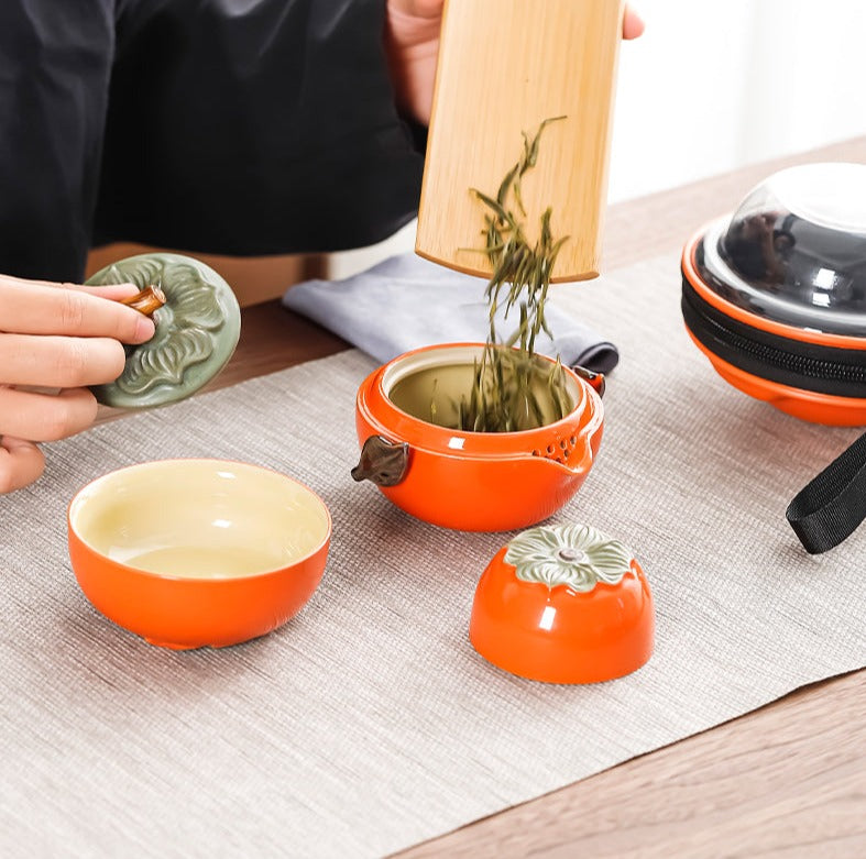 Handmade Original Teapot Simulated Persimmon Teapot Ceramic One Pot Two Cups Portable Storage Travel Tea Set Small Set