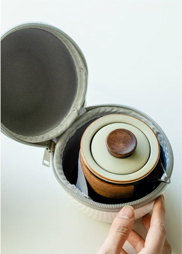 This is a ceramic teapot travel set