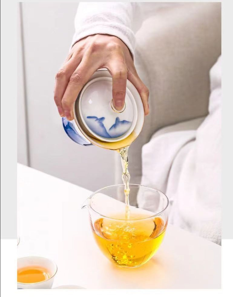 This is a ceramic gaiwan teapot travel set