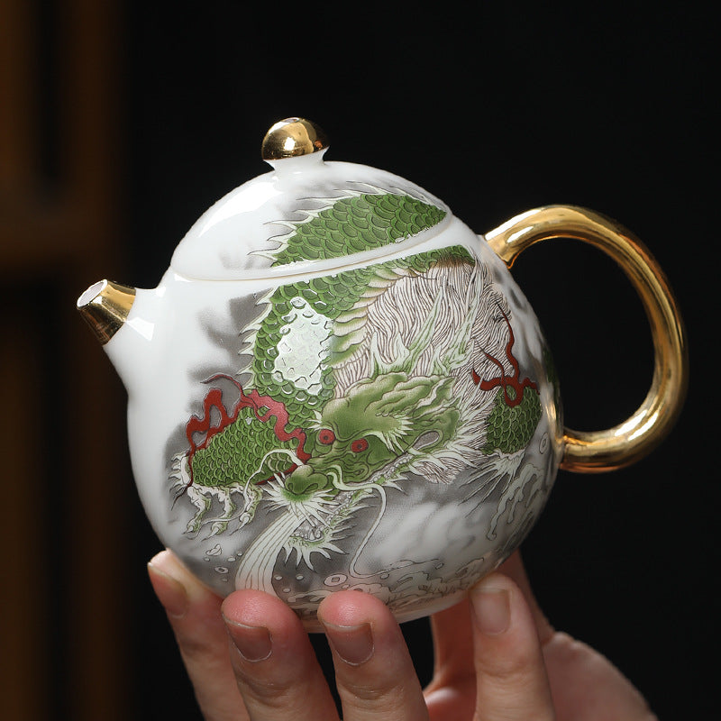 Chinese White Mutton Fat Jade Porcelain Teapot Handmade Green Dragon Teapot Master Pottery Ceramic Kung Fu Tea Ceremony Thin Tire Teapot