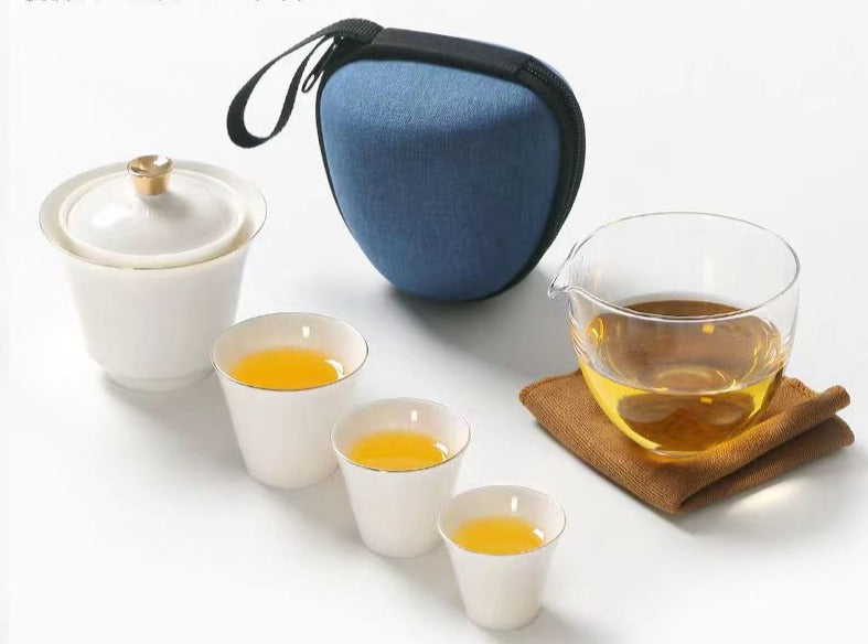 This is a ceramic gaiwan teapot travel set