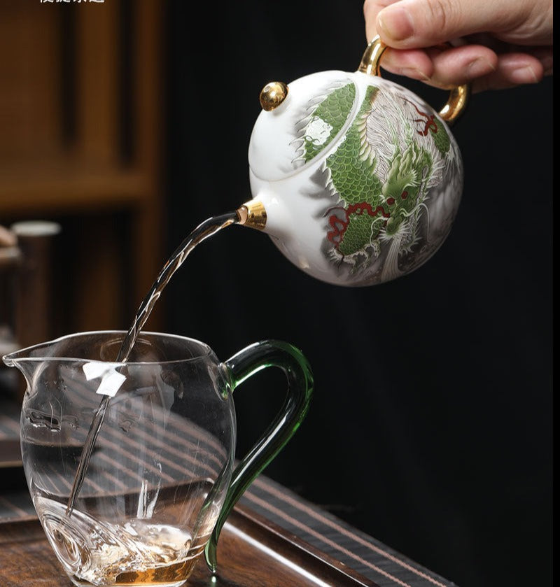 Chinese White Mutton Fat Jade Porcelain Teapot Handmade Green Dragon Teapot Master Pottery Ceramic Kung Fu Tea Ceremony Thin Tire Teapot