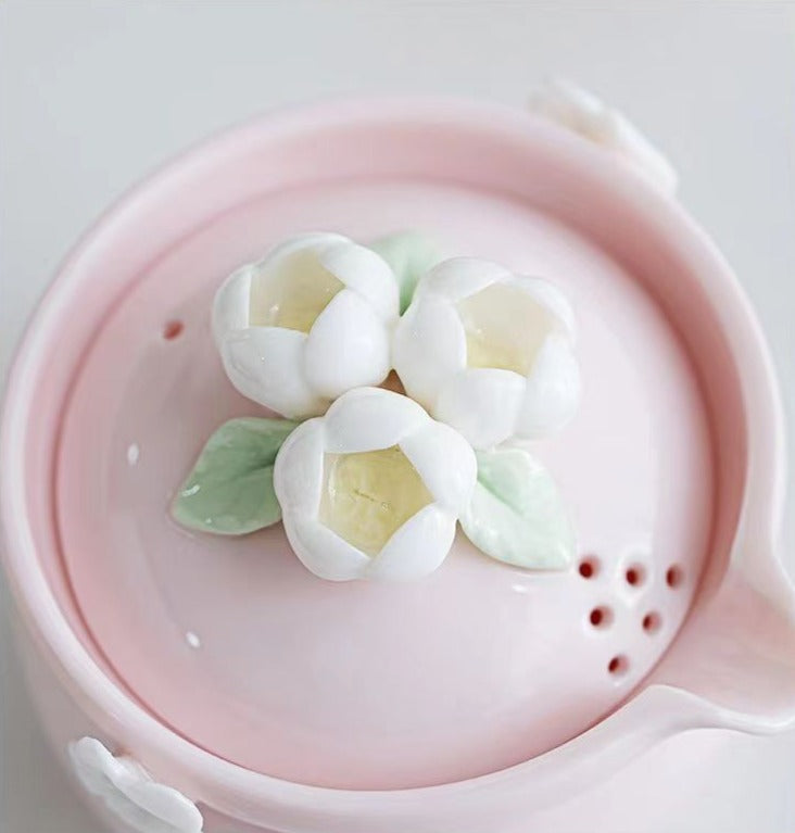 This is a ceramic teapot travel set