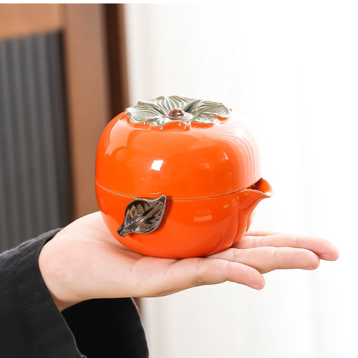 Handmade Original Teapot Simulated Persimmon Teapot Ceramic One Pot Two Cups Portable Storage Travel Tea Set Small Set