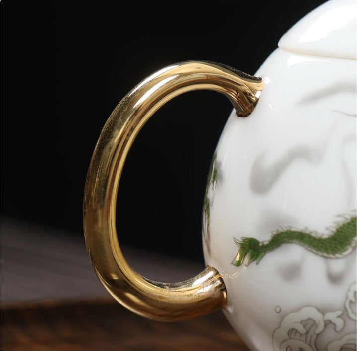 Chinese White Mutton Fat Jade Porcelain Teapot Handmade Green Dragon Teapot Master Pottery Ceramic Kung Fu Tea Ceremony Thin Tire Teapot