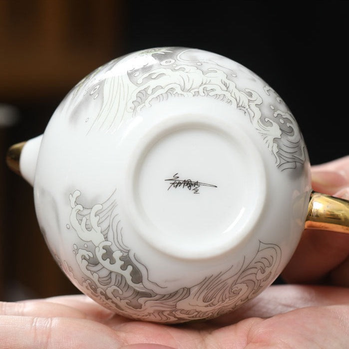 Chinese White Mutton Fat Jade Porcelain Teapot Handmade Green Dragon Teapot Master Pottery Ceramic Kung Fu Tea Ceremony Thin Tire Teapot