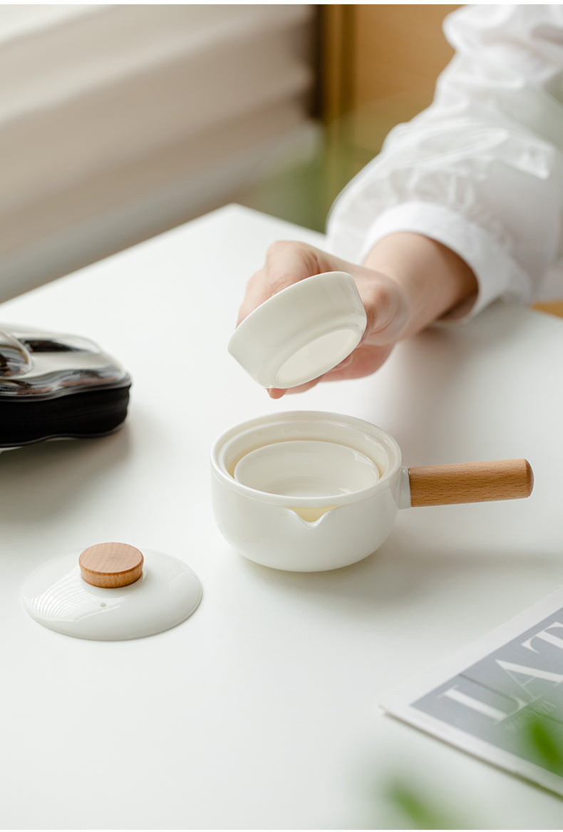 This is a ceramic teapot travel set