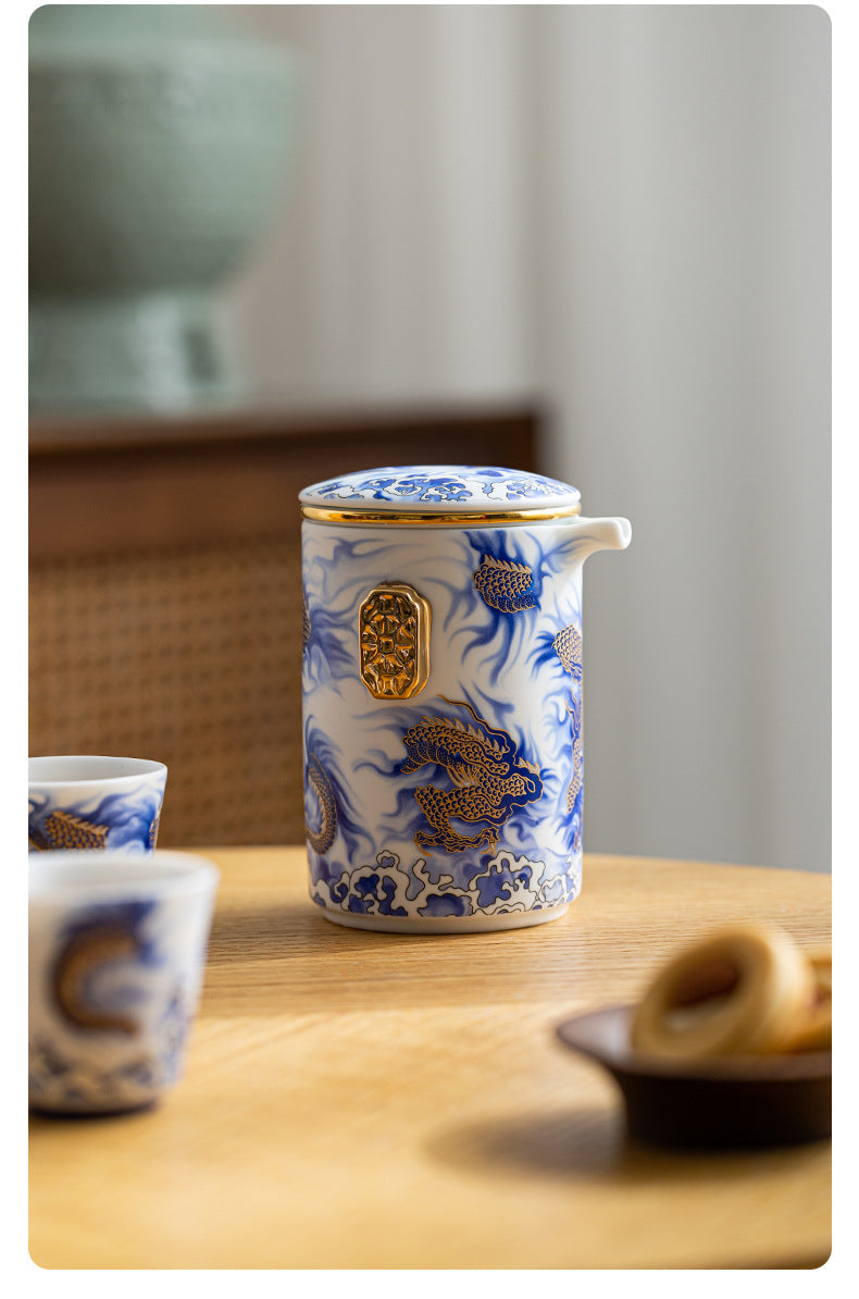 Handmade Original Blue Teapot Chinese Dragon Teaset Ceramic One Pot Three Cups Portable Storage Travel Tea Set Small Set