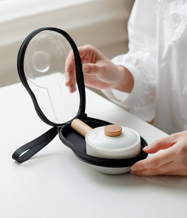 This is a ceramic teapot travel set