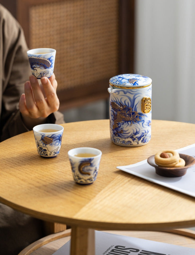 Handmade Original Blue Teapot Chinese Dragon Teaset Ceramic One Pot Three Cups Portable Storage Travel Tea Set Small Set