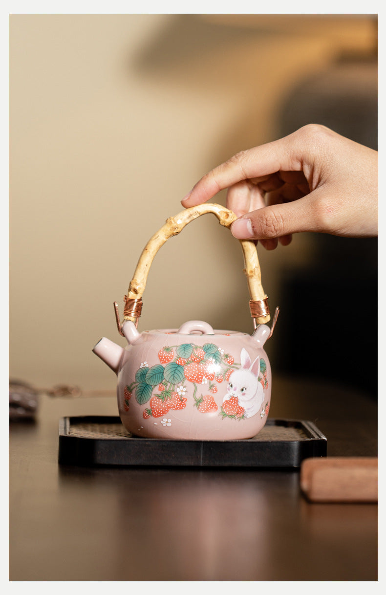 Chinese Ru Kiln Pink Pot Original Design Antique Song Dynasty Style Lifting Teapot Master Pottery Ceramic Tea Ceremony