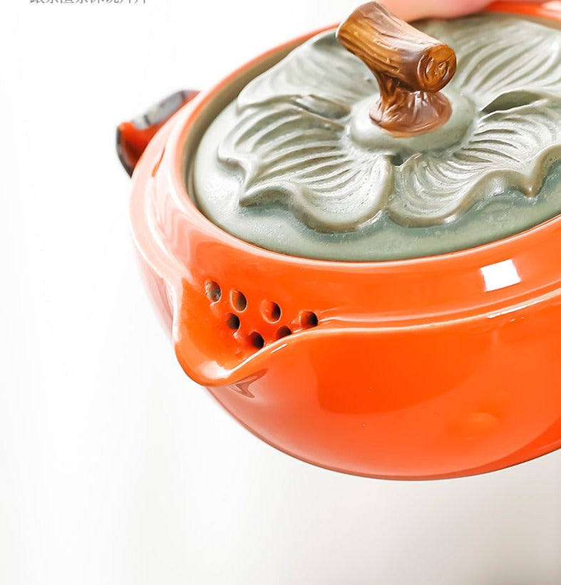 Handmade Original Teapot Simulated Persimmon Teapot Ceramic One Pot Two Cups Portable Storage Travel Tea Set Small Set