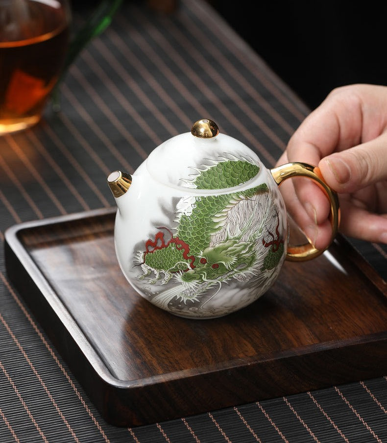 Chinese White Mutton Fat Jade Porcelain Teapot Handmade Green Dragon Teapot Master Pottery Ceramic Kung Fu Tea Ceremony Thin Tire Teapot