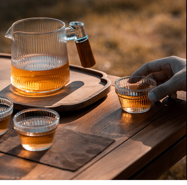 This is a glass teapot travel set