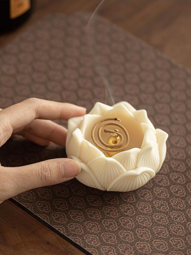 Hand Engraved Natural Tagua Bouddha Sculpture Lotus Shape Incense Holder Tea Pet