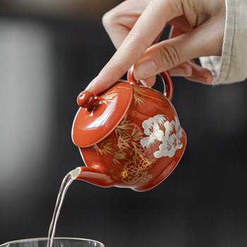 Chinese Fine Pottery Pot Handpainted Pot Tea Maker Red Pot Ceramic Kung fu Tea Ceremony