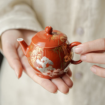 Chinese Fine Pottery Pot Handpainted Pot Tea Maker Red Pot Ceramic Kung fu Tea Ceremony