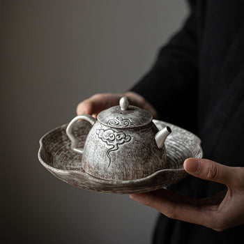 Chinese Handcrafted Traditional Gilted Pure Silver on Surfeace Raw Ore Clay Teapot Traditional Silvering Teapot Tea tray