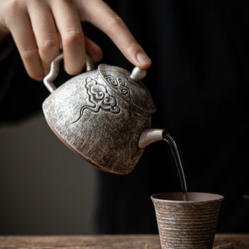 Chinese Handcrafted Traditional Gilted Pure Silver on Surfeace Raw Ore Clay Teapot Traditional Silvering Teapot Tea tray